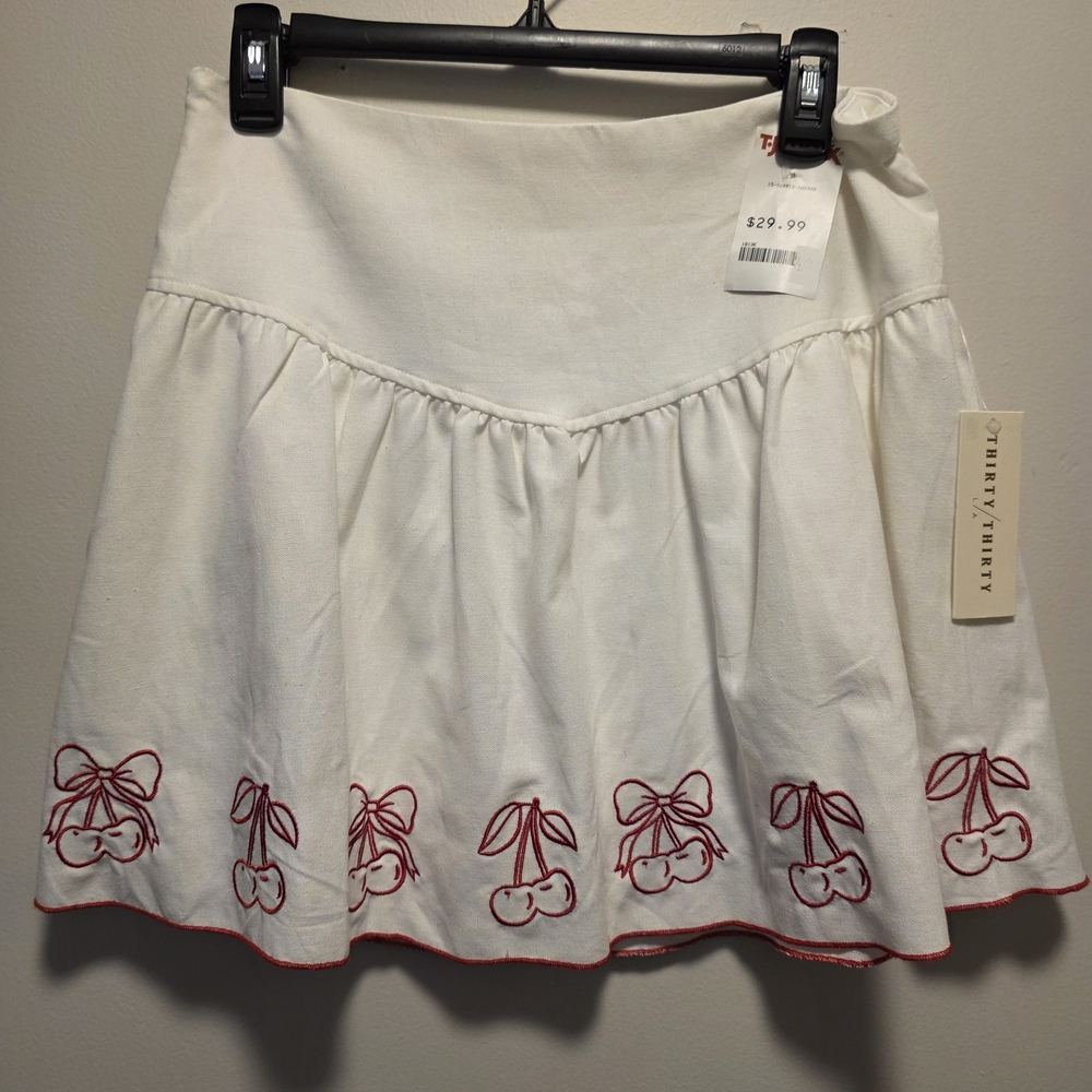 Charming Cream Mini Skirt with Red Embroidery